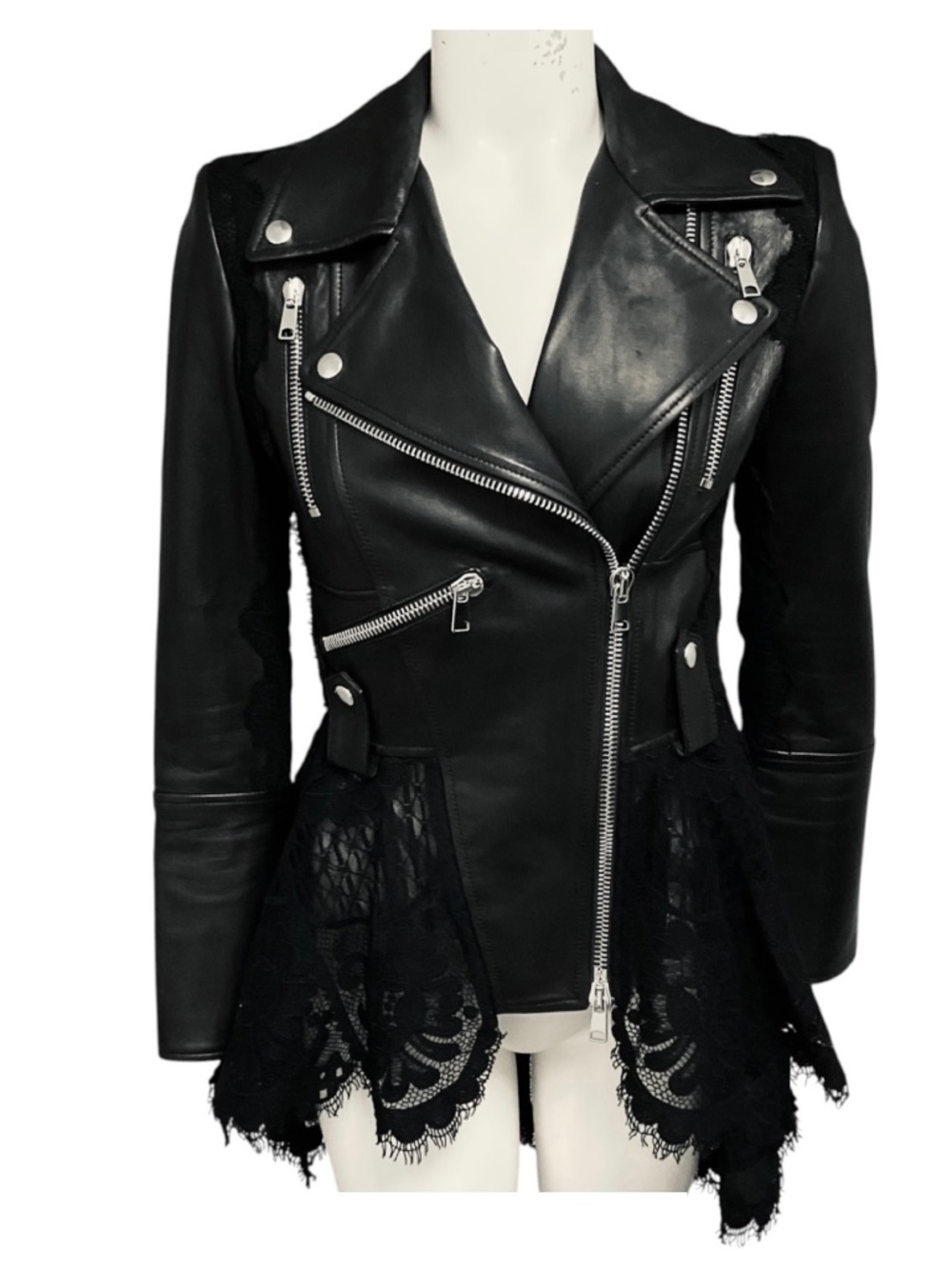 ALEXANDER MCQUEEN BLACK LACE TRIMMED LEATHER BIKER JACKET